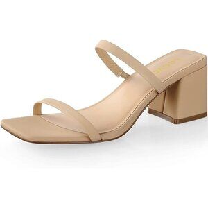 Leevar Size 9.5 Square Toe Nude Block Heel Sandals Slip On Strappy